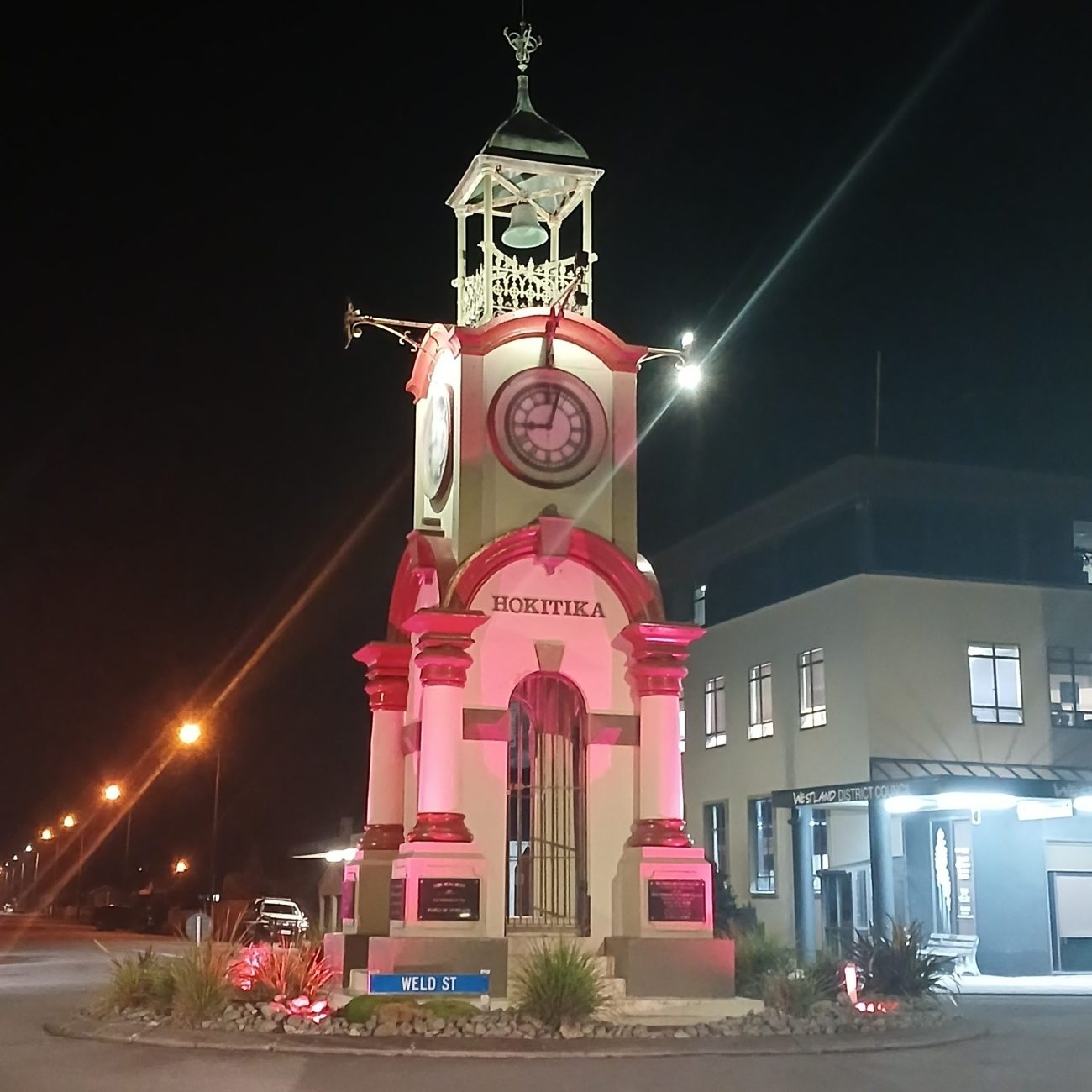 Clocktower lit pink in support of breast cancer awareness